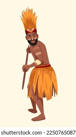 Papuan Man in Traditional Clothing Isolated in National Costume holding a spear, wearing a straw hat on the Head, Primitive Culture. Cartoon Vector Illustration.