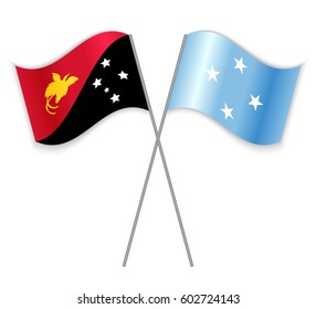 Papuan and Micronesian crossed flags. Papua New Guinea combined with Micronesia isolated on white. Language learning, international business or travel concept.