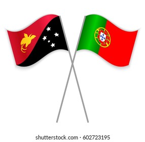 Papuan and Portuguese crossed flags. Papua New Guinea combined with Portugal isolated on white. Language learning, international business or travel concept.