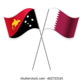 Papuan and Qatari crossed flags. Papua New Guinea combined with Qatar isolated on white. Language learning, international business or travel concept.
