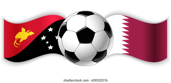 Papuan and Qatari wavy flags with football ball. Papua New Guinea combined with Qatar isolated on white. Football match or international sport competition concept.