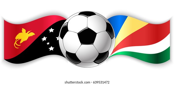 Papuan and Seychellois wavy flags with football ball. Papua New Guinea combined with Seychelles isolated on white. Football match or international sport competition concept.