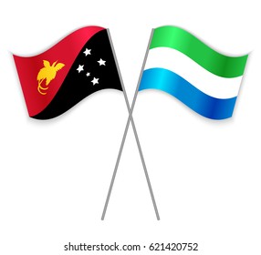 Papuan and Sierra Leonean crossed flags. Papua New Guinea combined with Sierra Leone isolated on white. Language learning, international business or travel concept.