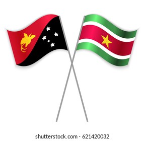 Papuan and Surinamese crossed flags. Papua New Guinea combined with Suriname isolated on white. Language learning, international business or travel concept.