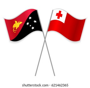 Papuan and Tongan crossed flags. Papua New Guinea combined with Tonga isolated on white. Language learning, international business or travel concept.