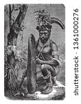 Papuan Warrior are a race native to New Guinea, vintage line drawing or engraving illustration.