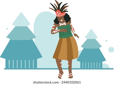 A Papuan woman wearing traditional clothes and performing a traditional Papuan dance