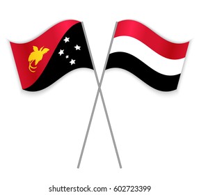 Papuan and Yemeni crossed flags. Papua New Guinea combined with Yemen isolated on white. Language learning, international business or travel concept.