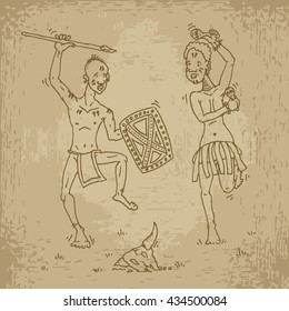 Papuans dancing ritual dance. Hand drawn vector stock illustration. Grunge style. Tribal Africa
