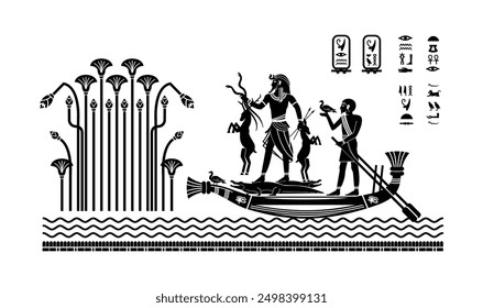 Papyrus with elements of ancient Egyptian history, hunting on the Nile by boat