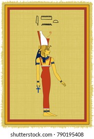 Papyrus with the image of Amaunet (Amonet), ancient egyptian goddess and his name written in Egyptian hieroglyphs. Vector illustration. Separate layers. Translation of the hieroglyphs "Amaunet"