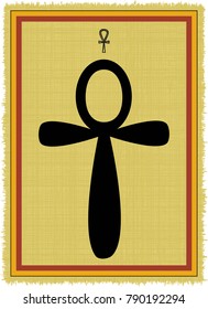 Papyrus with the image of Ankh, ancient egyptian symbol and his name written in Egyptian hieroglyphs. Vector illustration. Separate layers. Translation of the hieroglyphs "Ankh"