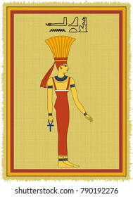 Papyrus with the image of Anuket, ancient egyptian goddess and his name written in Egyptian hieroglyphs. Vector illustration. Separate layers. Translation of the hieroglyphs "Anuket"