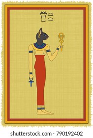 Papyrus with the image of Bastet, ancient  egyptian goddess of love and his name written in Egyptian hieroglyphs. Vector illustration. Separate layers. Translation of the hieroglyphs "Bastet"