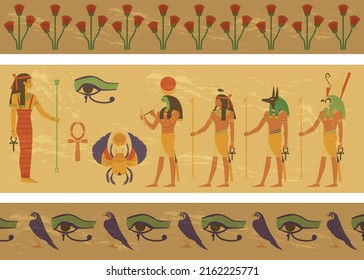 Papyrus with image of Egypt gods, ankh and scarab flat style, vector illustration. History paining, ancient document with Maat, Ra, Anubis. Birds and eyes, flowers, mythology scene