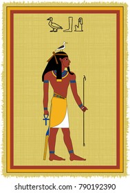 Papyrus with the image of Geb, ancient egyptian god of earth and his name written in Egyptian hieroglyphs. Vector illustration. Separate layers. Translation of the hieroglyphs "Geb"