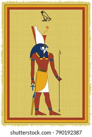 Papyrus with the image of Gor (Hor, Horus), ancient egyptian god and his name written in Egyptian hieroglyphs. Vector illustration. Separate layers. Translation of the hieroglyphs "Gor"