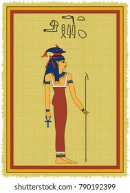 Papyrus with the image of Hatmehit, ancient egyptian goddess of protection and his name written in Egyptian hieroglyphs. Vector illustration. Separate layers. Translation of the hieroglyphs "Hatmehit"