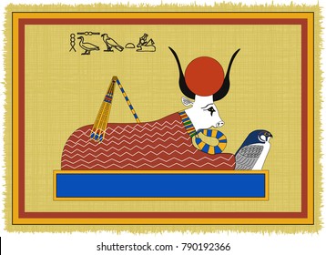 Papyrus with the image of Hesat, ancient egyptian saint cow, mother of gods and his name written in Egyptian hieroglyphs. Vector illustration. Separate layers. Translation of the hieroglyphs "Hesat"