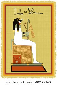 Papyrus with the image of Inmutef, ancient egiptian god and his name written in Egyptian hieroglyphs. Vector illustration. Separate layers. Translation of the hieroglyphs "Inmutef"