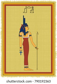 Papyrus with the image of Isis, ancient egyptian goddess and his name written in Egyptian hieroglyphs. Vector illustration. Separate layers. Translation of the hieroglyphs "Isis"