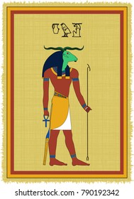 Papyrus with the image of Khnum, ancient egyptian god of creation and his name written in Egyptian hieroglyphs. Vector illustration. Separate layers. Translation of the hieroglyphs "Khnum"