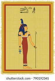 Papyrus with the image of Maat, ancient egyptian goddess of justice and his name written in Egyptian hieroglyphs. Vector illustration. Separate layers. Translation of the hieroglyphs "Maat"