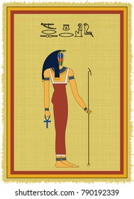 Papyrus with the image of Meretseger, ancient egyptian goddess and his name written in Egyptian hieroglyphs. Vector illustration. Separate layers. Translation of the hieroglyphs "Meretseger"