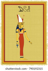 Papyrus with the image of Mut, ancient egyptian goddess of fertility and his name written in Egyptian hieroglyphs. Vector illustration. Separate layers. Translation of the hieroglyphs "Mut"