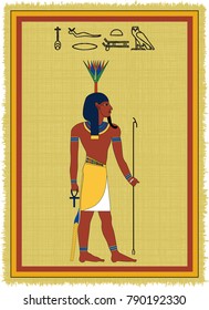 Papyrus with the image of Nefertum, ancient egyptian god of flora and his name written in Egyptian hieroglyphs. Vector illustration. Separate layers. Translation of the hieroglyphs "Nefertum"