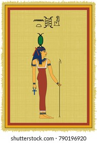 Papyrus with the image of Neith, ancient egyptian goddess of arts and his name written in Egyptian hieroglyphs. Vector illustration. Separate layers. Translation of the hieroglyphs "Neith"