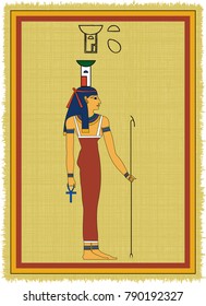 Papyrus with the image of Nepthys, ancient egyptian goddess and his name written in Egyptian hieroglyphs. Vector illustration. Separate layers. Translation of the hieroglyphs "Nepthys"