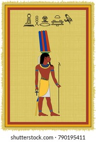 Papyrus with the image of Onuris, ancient egyptian god and his name written in Egyptian hieroglyphs. Vector illustration. Separate layers. Translation of the hieroglyphs "Onuris"