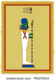 Papyrus with the image of Ptah, ancient egypt god of truth and his name written in Egyptian hieroglyphs. Vector illustration. Separate layers. Translation of the hieroglyphs "Ptah"