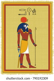 Papyrus with the image of Ra, ancient egyptian god of sun and his name written in Egyptian hieroglyphs. Vector illustration. Separate layers. Translation of the hieroglyphs "Ra"