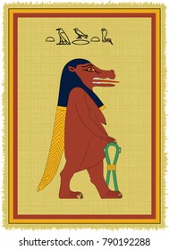 Papyrus with the image of Taurt, ancient egyptian goddess of birth and his name written in Egyptian hieroglyphs. Vector illustration. Separate layers. Translation of the hieroglyphs "Taurt"