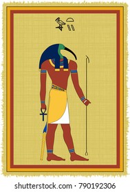 Papyrus with the image of Thoth, ancient egyptian god of wisdom and his name written in Egyptian hieroglyphs. Vector illustration. Separate layers. Translation of the hieroglyphs "Thoth"