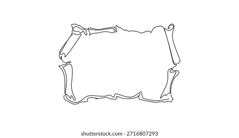 Papiro papel viejo una línea que dibuja la Ilustración vectorial dibujada a mano continua, Un dibujo de línea blanco y negro de un borde de papel roto, Dibujo de línea continua de un marco de rollo antiguo