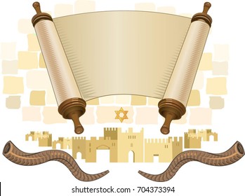 papyrus on a white background. Scroll paper. Torah in the unfolded state.
rosh hashanah (jewesh holiday) concept - shofar, torah book
