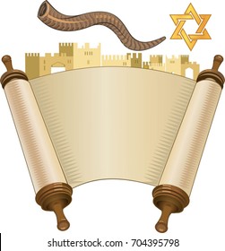 papyrus on a white background. Scroll paper. Torah in the unfolded state.
rosh hashanah (jewesh holiday) concept - shofar, torah book