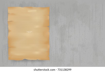 Papyrus paper sheet on grunge concrete wall background. Vector illustration.