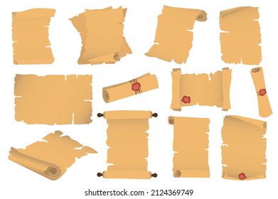 Papyrus and parchment different shapes set isolated elements. Bundle of antique paper, ripped pages and old scroll sheets with ribbon and red wax seal. Vector illustration in flat cartoon design.