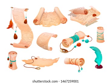 Papyrus parchments magic old scroll, vintage paper with wax seals space for your text. Elements games, graphic and app design elements isolated vector illustration