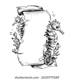 Papyrus rolled scroll with jagged edges, space for text with corals, seahorses and bubbles. Graphic illustration hand drawn with black ink. Template, vertical frame, board EPS vector