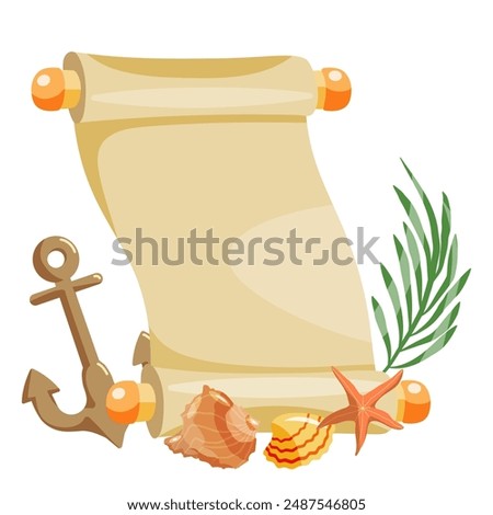 Papyrus scroll with anchor, palm branch and shells. Copy space. Summer vector illustration for poster, card, invitation.