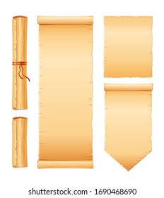 Papyrus scroll set, parchment paper with old texture, vector banner isolated on white background. 3d Vintage roll with wooden handles for map, oll, old, bible, medieval letter. Ancient papyrus scroll