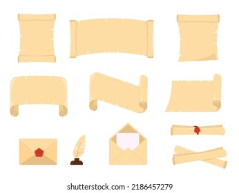 Papyrus scroll set, parchment paper with old texture, vector banner isolated on white background.Vintage roll for map, oll, old, bible, medieval letter. Ancient papyrus scroll eps 10