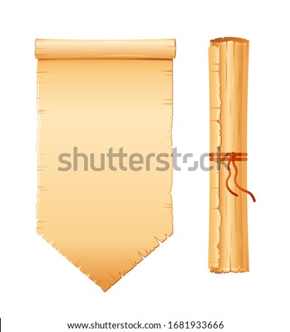Papyrus scroll set, parchment paper with old texture, vector banner isolated on white background. 3d Vintage paper roll, flad shape for map, old, bible, medieval letter. Ancient papyrus scroll