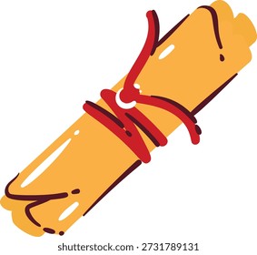 Papyrus scroll tied with red ribbon, ancient Egyptian manuscript symbol with rolled parchment texture and traditional form. Papyrus scroll element, papyrus scroll motif, cartoon vector illustration