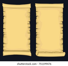 Papyrus scrolls, aged blank paper scroll, medieval retro yellowish manuscript, diploma or certificate template. Vector